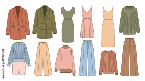 Women's Fashion Apparel Collection Flat Lay. Modern casual clothing set with jackets, dresses, sweaters, pants, and shorts.