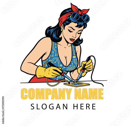 Retro Pin-up Woman Technician in a Circuit Board Top Soldering an Electronic Component Logo
