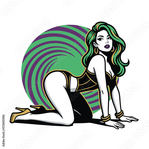 Seductive Pop Art Girl with Green Hair Posing on a Hypnotic Purple and Green Swirl Background