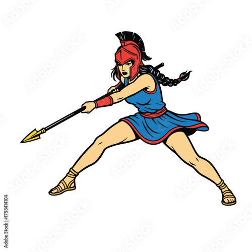 Fierce Female Spartan Warrior or Amazon Gladiator in a Helmet Lunging with a Spear
