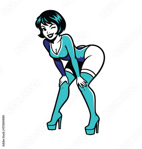 Playful Winking Pin-up Girl in Retro Comic Book Style Bending Over