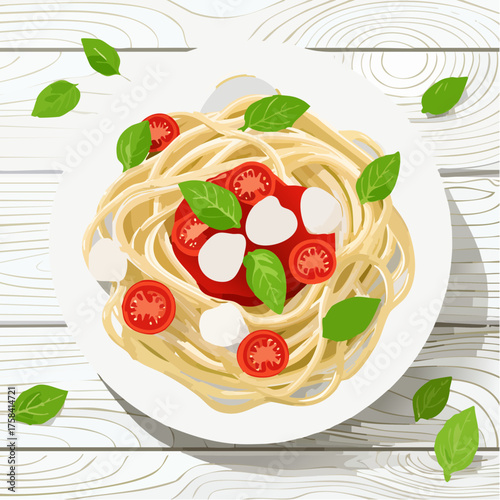 Spaghetti pasta with tomato sauce, mozzarella cheese and fresh basil in plate on white wooden background.