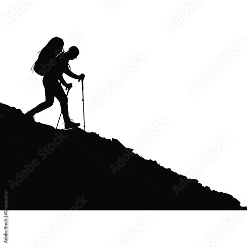 Silhouette of a hiker with backpack and trekking poles ascending a rocky mountain slope
