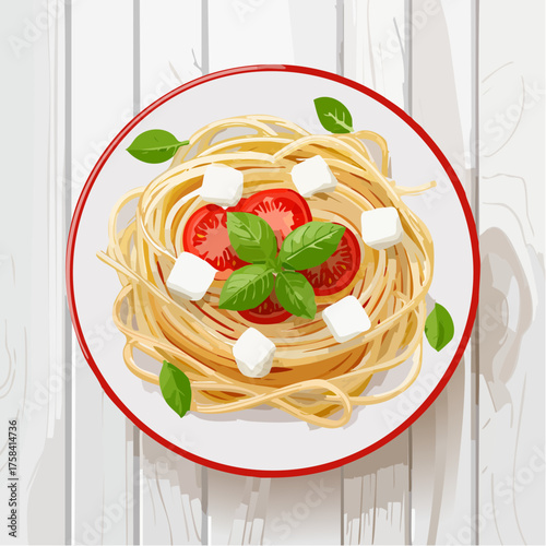 Spaghetti pasta with tomato sauce, mozzarella cheese and fresh basil in plate on white wooden background.