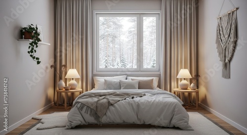 Cozy winter bedroom retreat with snowy forest view perfect for relaxation and comfort