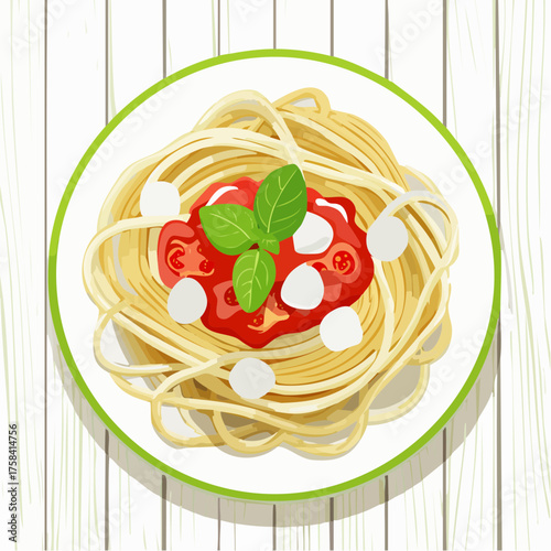 Spaghetti pasta with tomato sauce, mozzarella cheese and fresh basil in plate on white wooden background.