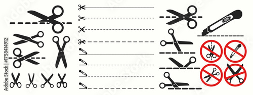 Cut here. Scissors cutting and stationery knife. Cut dash lines, shapes. Shear cutting paper coupon or the cloth label along line. Icon sign prohibiting cutting packaging parcels by knife and scissors
