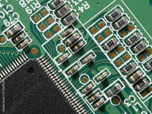 printed circuit Board with chips and radio components electronics