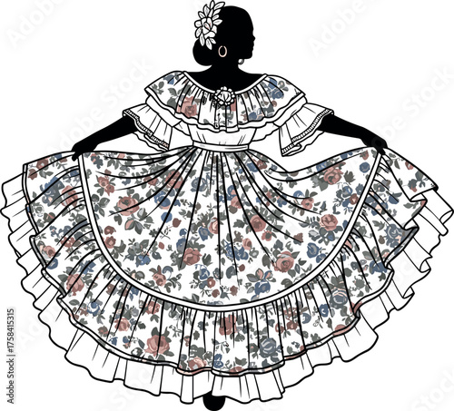 Dominican Woman in Traditional Floral Dress, Silhouette Vector