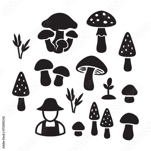 Minimalist graphic collection of diverse mushroom silhouettes and a farmer icon. Ideal for designs related to foraging, natural food, and woodland themes