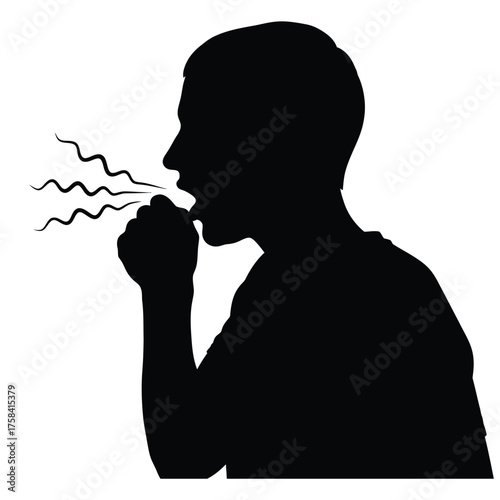 Silhouette of a person coughing into their hand with visible cough droplets or germs