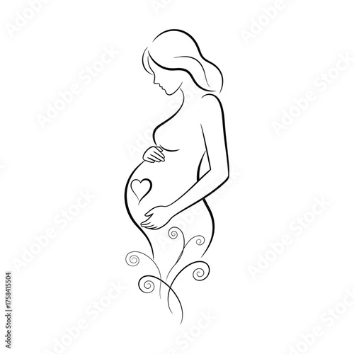 Line art illustration of a pregnant woman with heart and floral swirls design element