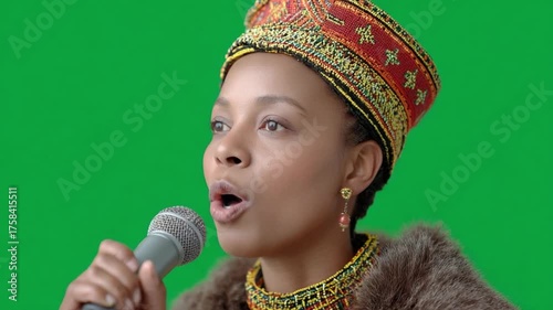 Cultural Proclamation: A woman, adorned in regal attire and an ornamented headdress, passionately addresses the audience with microphone in hand, highlighting cultural expression.