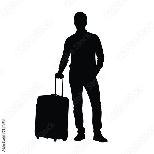 Silhouette of a man standing with a suitcase against a white background in full length