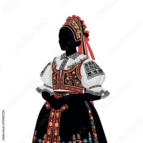 Woman in Traditional Czech Folk Costume Silhouette Vector Art