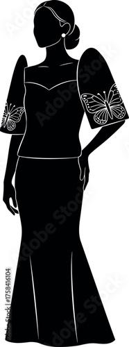 Filipina woman in traditional terno silhouette with butterfly sleeves