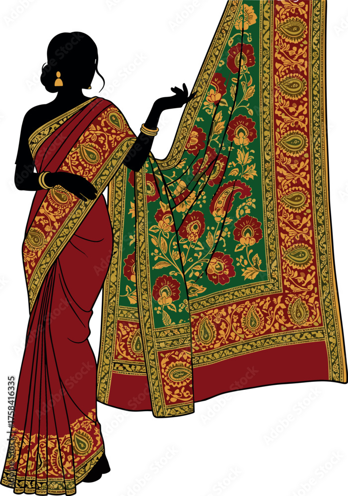 Naklejka premium Elegant Woman in Traditional Sari, Silhouette Illustration