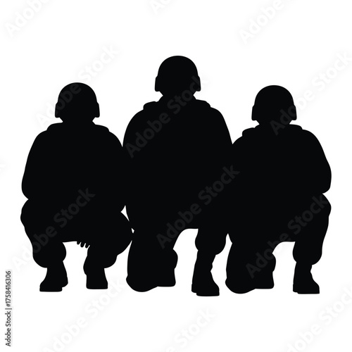 Silhouette of three soldiers in helmets crouching down against a white background image