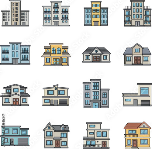 Create a kinds of deferent Simple vector icon illustration set of apartments and detached houses vector art with white background..
