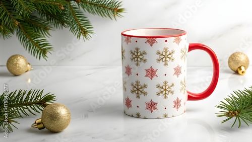 Christmas mug mockup with red handle and snowflake pattern, styled with festive fir branches and golden baubles on a marble surface