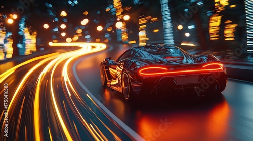 Sleek, black vehicle speeding along a curved road at night, trails of light blurring behind it