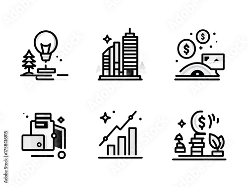 Vector Icon Set of Business and Finance Elements in Minimalist Line Style