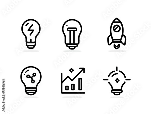 Vector Icon Set of Light Bulbs and Growth Chart in Minimalist Style for Business and Innovation