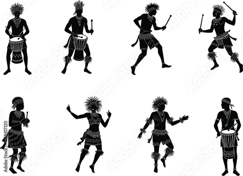Silhouettes of traditional dancers and drummers in cultural attire – vector illustration of heritage, rhythm, and ceremonial celebration movement