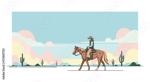 A lone cowboy or cowgirl rides a majestic horse across a vast, stylized desert landscape under a pastel sky, embodying freedom and adventure.