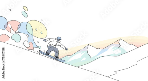 A dynamic illustration of a snowboarder carving down a pristine mountain slope, surrounded by abstract colorful snow elements, capturing the thrill of winter sports.