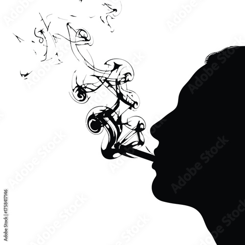 Silhouette of a person smoking with abstract smoke swirls against a white background