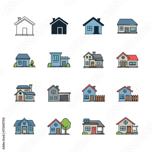 Create a kinds of deferent Simple vector icon illustration of a detached house vector art with white background.