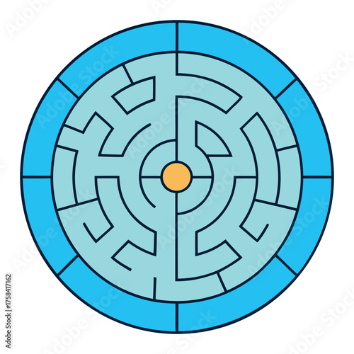 A colorful vector labyrinth or maze game for kids with a target circle at the center symbolizes the concept of aim and goal achievement