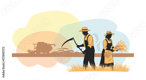 A visually striking depiction of agricultural practices, highlighting the labor of farm workers alongside modern combine harvesting technology.