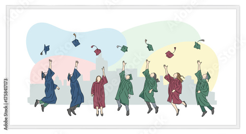 A diverse group of happy graduates celebrate their academic achievement by joyfully tossing caps into the air against a city skyline.