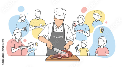 Professional meatmaster meticulously slices a prime cut of meat, preparing a delicious meal for an appreciative audience, symbolizing culinary expertise and shared dining.