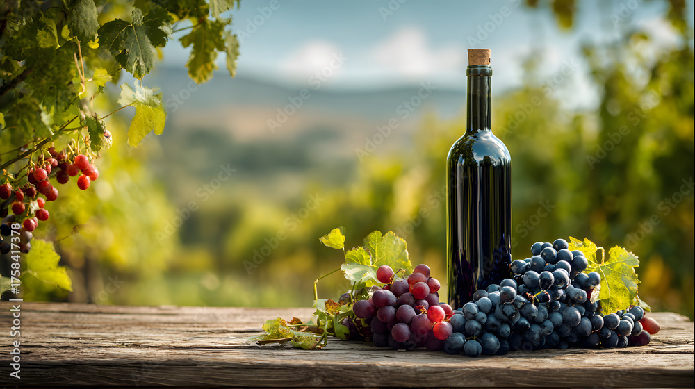 Fototapeta premium Red Wine Bottle, Glass, and Grapes on a Wooden Table in a Vineyard