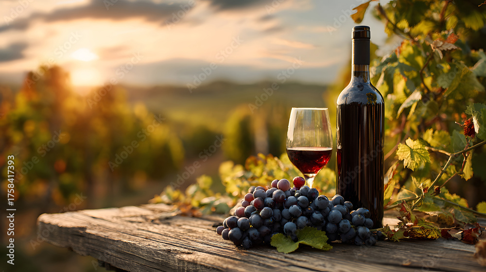 Naklejka premium Red Wine Bottle, Grapes, and Glass on a Wooden Table with Vineyard Background