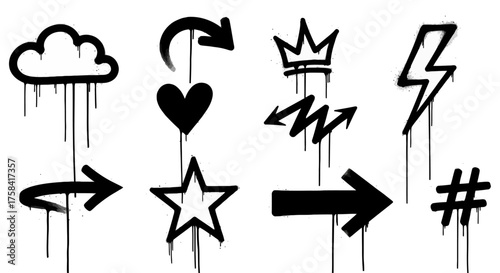 A collection of urban graffiti symbols with a dripping spray paint effect. Vector set of street art icons like arrows, hearts, and stars