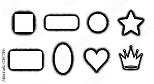 Set of graffiti stencil shapes including star, heart, and crown with a sprayed airbrush effect. Vector urban street art design elements