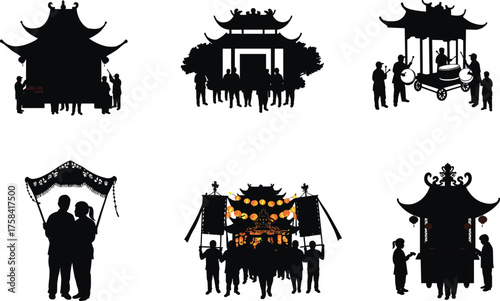 Traditional Asian festival silhouettes with temples, shrines, pagodas, and people gathering for worship, ceremony, and cultural celebration vector illustration