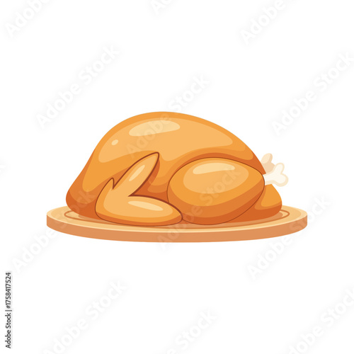 A delicious golden-brown roasted whole chicken or turkey served on a round platter, isolated on a white background.