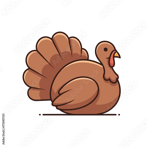 A cute cartoon illustration of a brown turkey with a fanned tail, sitting down.