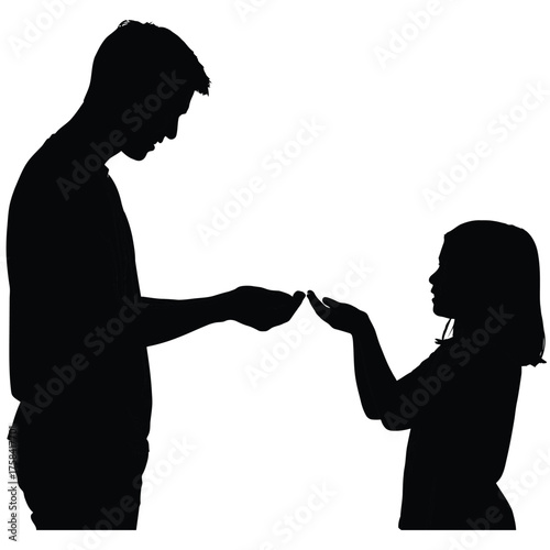 Silhouette of a man giving something to a child who is holding out their hands to receive