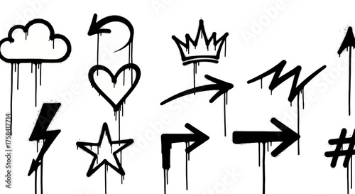 A versatile collection of urban graffiti icons with a dripping spray paint effect. Hand-drawn vector street art symbols