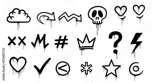 Set of black graffiti spray paint icons with a dripping liquid effect. Street art symbols like a skull, heart, and crown isolated on a white background