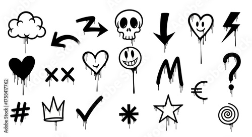 Collection of black graffiti spray paint elements. Urban street art icons with dripping effect including skull, heart, and arrows
