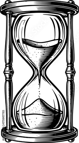 Detailed Hourglass Drawing in Vintage Black and White Outline Line Art Style with Precision
