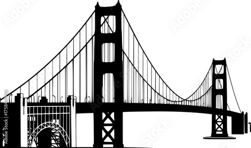 Illustration of the Golden Gate Bridge Side View Black and White Outline Line Art Drawing Vintage Engraving
