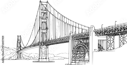 Illustration of the Golden Gate Bridge Side View Black and White Outline Line Art Drawing Vintage Engraving
